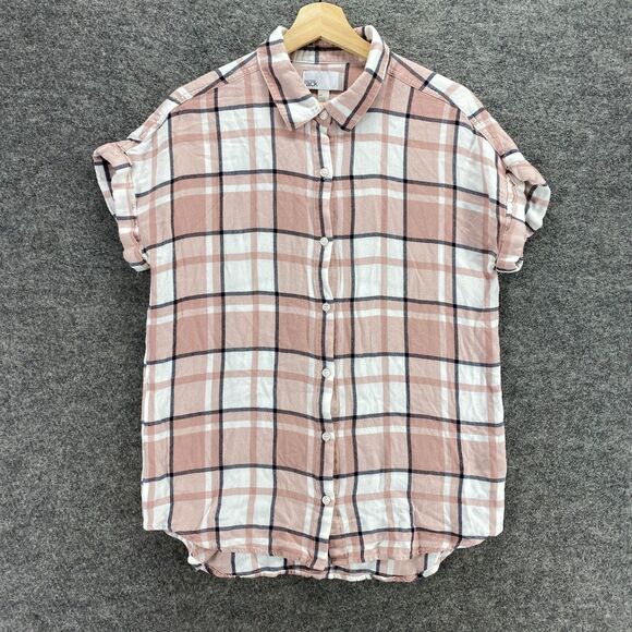 Nordstrom Rack Shirt Women M Medium Pink Plaid Button Up Collared Short Sleeve - Picture 1 of 9